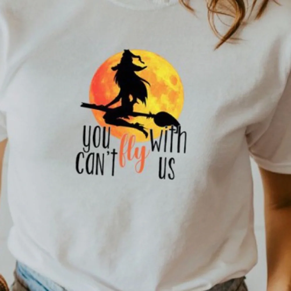 Halloween Flying Witch Premium Graphic Tee You Can’t Fly With Us Sublimation Ink - Picture 5 of 7